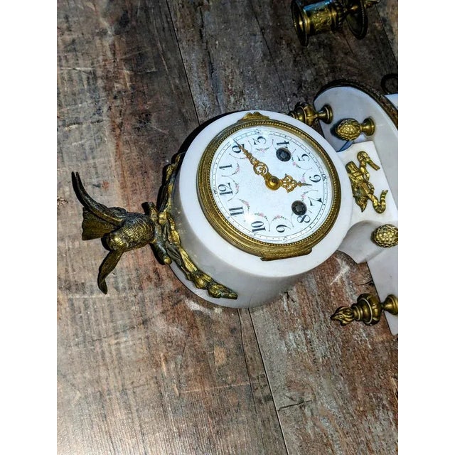 Louis XVI Style Guilded Bronze and White Marble Fireplace Set, Late 19th Century-Early of 20th Century, Set of 3 For Sale - Image 5 of 9