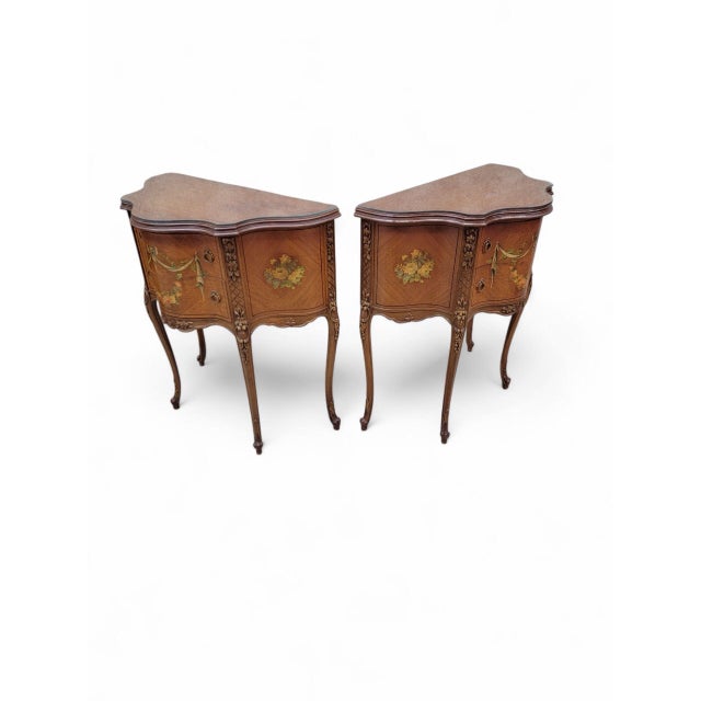 Brown Antique Neoclassical French Style Hand Painted End Tabes/Nightstands - Pair For Sale - Image 8 of 9