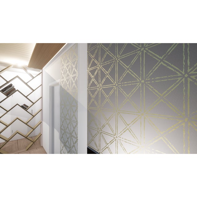 Abstract New Handmade Wallpaper With Metallic Geometric Pattern on Paper-Textile Runo For Sale - Image 3 of 8
