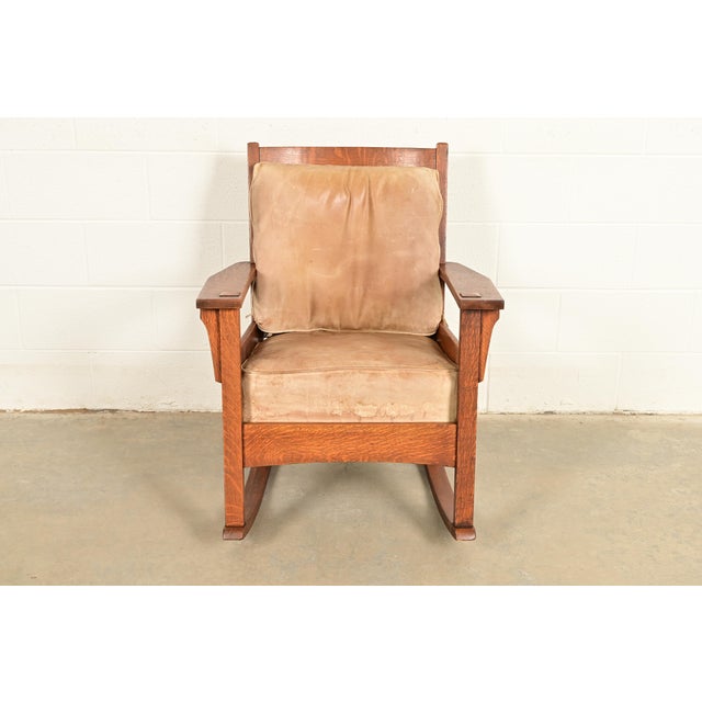 Mission Stickley Brothers Style Antique Mission Oak Arts & Crafts Rocking Chair, Circa 1910 For Sale - Image 3 of 12