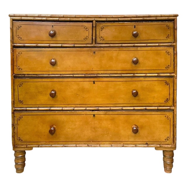 19th-C. English Carved & Painted Pine Faux Bamboo Tall Chest of Drawers For Sale
