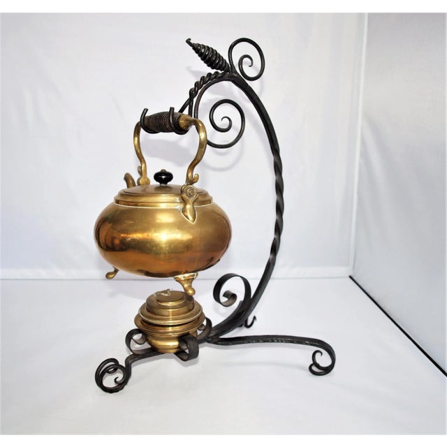 Brass Antique Art Nouveau Brass Tea Kettle and Burner on Iron Stand For Sale - Image 8 of 8