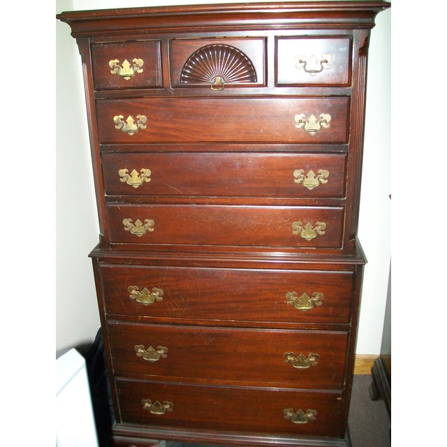 This vintage tall dresser is part of Columbia Myers 5-piece bedroom suite from the 1950s.It's crafted in aged mahogany,...
