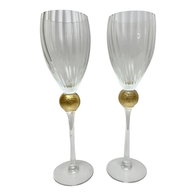 Two Vintage All Crystal Manhattan Gold Glass by Union Street 10.25" High For Sale