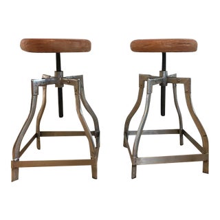 Industrial Leather Adjustable Counter or Bar Stools - A Pair For Sale