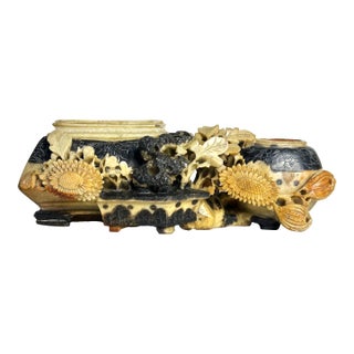 Vintage Chinese Soapstone Brush Washer / Double Planter – Hand-Carved Floral Design For Sale
