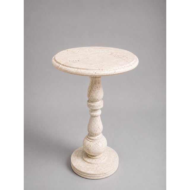 Ivory Handcrafted Travertine Pedestal Side Table, 15" Round X 24"h | Stone Drink & Accent Table For Sale - Image 8 of 9