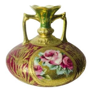 Antique Hand Painted Nippon Style Vase With Gold Overlay