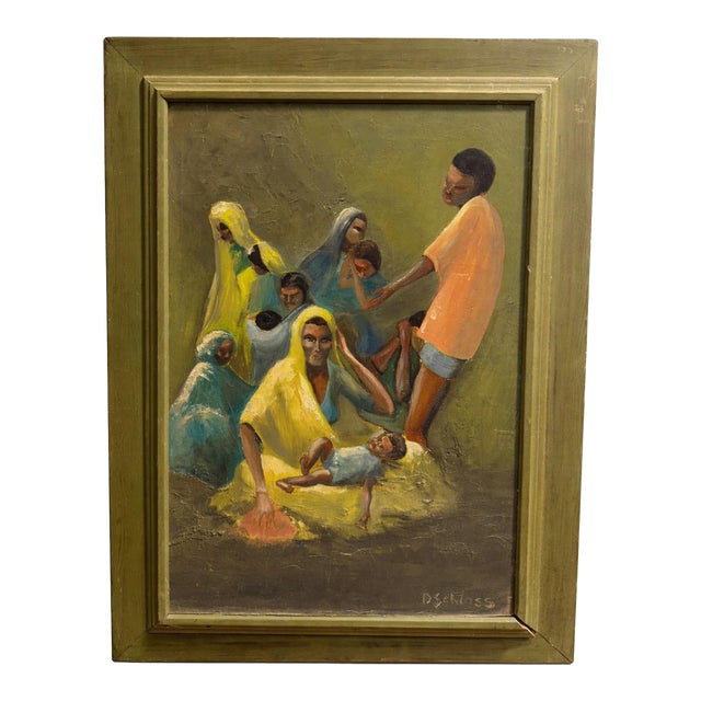 Vintage Modernist African Family Portrait Oil Painting – Signed G. Schloss – Framed 30x22 For Sale