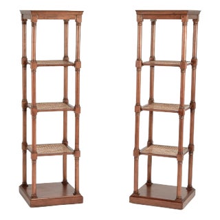 Pair of Vintage British Colonial Style Caned Tiered Stands or Pedestals For Sale