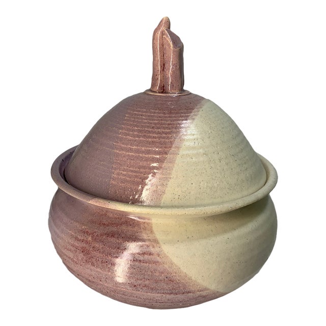 Boho Chic Handmade Ceramic Handmade Lidded Vessel With Cream, Lavender and Pink Glaze For Sale