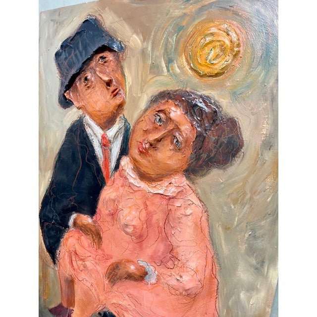 Folk Art Mark Kanovich, Judaica Painting w Sculpture Terra Cotta Jewish Couple Israeli Artist Kanovich For Sale - Image 3 of 13