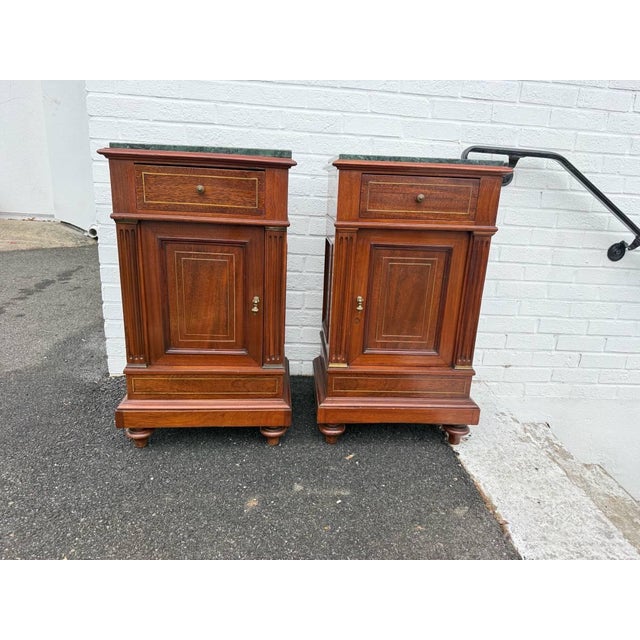 Pair of Antique French Cupboard Side Tables/ Nighstands With Marble Tops One drawer over cabinet door, shelved interior,...