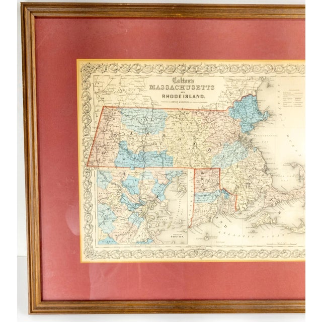 We are selling this nice framed Colton's Atlas map of Massachusetts and Rhode Island from 1855 with hand coloring on the...