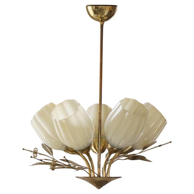 Mid-Century Modern Five-Light Ceiling Lamp with Opaline Glass Shades from Itsu, Finland, 1940s For Sale - Image 16 of 16