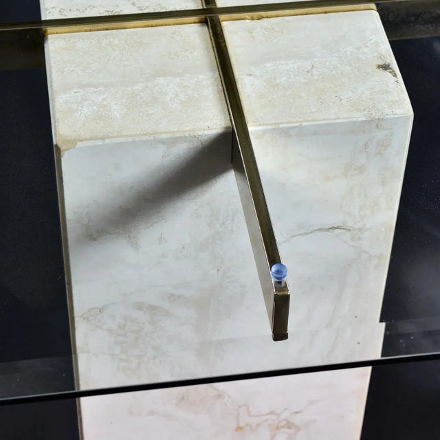 1980s Travertine Stone and Brass Pedestal Side Table With Square Glass For Sale - Image 5 of 10