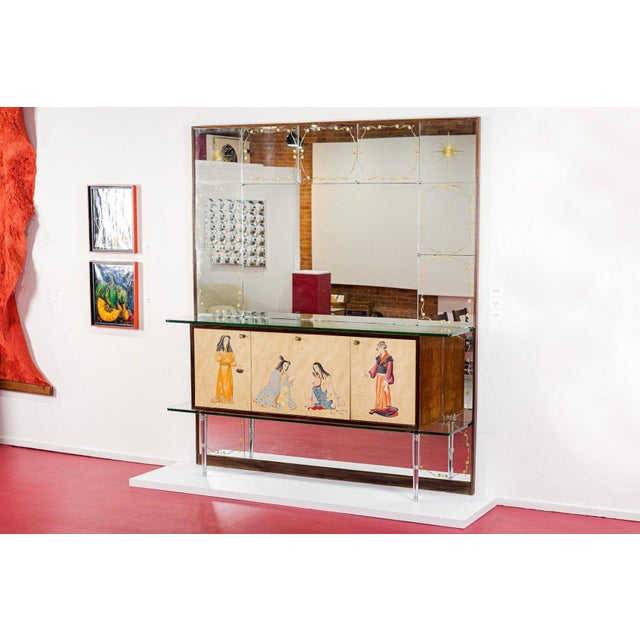 1950s Mid Century Mirrored Bar Cabinet Credenza With Asian Motif, Made in Italy For Sale - Image 5 of 15
