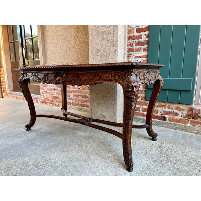 Late 19th Century Antique French Center Library Table Louis XV Carved Oak Rococo Parquetry C1890 For Sale - Image 5 of 18
