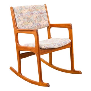 1960s Mid Century Danish Modern Rocking Chair Attributed to Benny Linden Teak Fabric MCM Rocker MCM For Sale