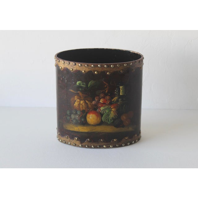 Arts & Crafts English Style Arts & Craft Tole Hand Painted Fruit Still Life Oval Wastebasket Nailhead Detail Vintage Mid-Century For Sale - Image 3 of 13