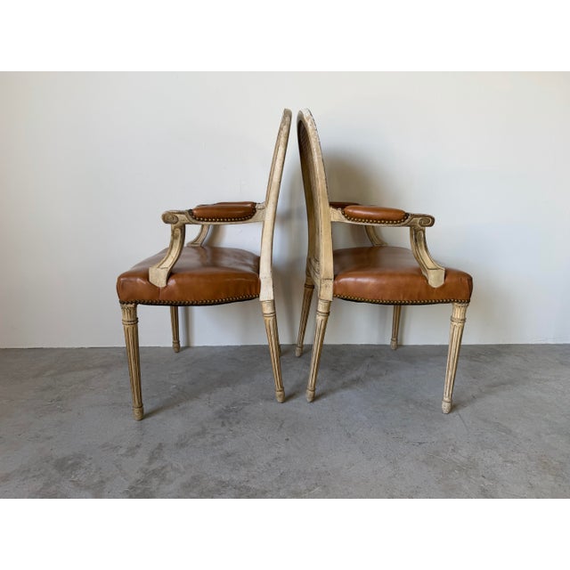 Camel Hollywood Regency Maison Jansen Louis XVI Style Balloon Back Arm Chairs - A Pair For Sale - Image 8 of 12