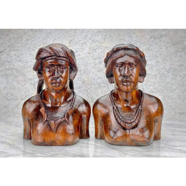 Tribal Vintage Balinese Tribal Figural Carved Mahogany Bust Sculptures - a Pair For Sale - Image 3 of 12