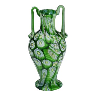 Antique Millefiori Vase Green With Handles, Fratelli Toso Murano Ca. 1920s For Sale