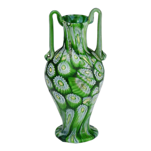 Antique Millefiori Vase Green With Handles, Fratelli Toso Murano Ca. 1920s