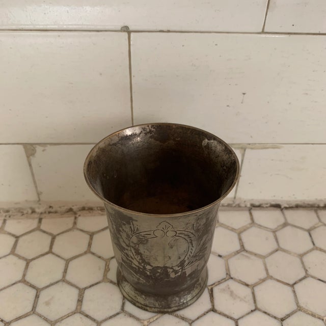 1940's Indian brass lassi cup with hand-engraved motif. No maker's mark. Aged to perfection. Used as vases in Shabby Chic...