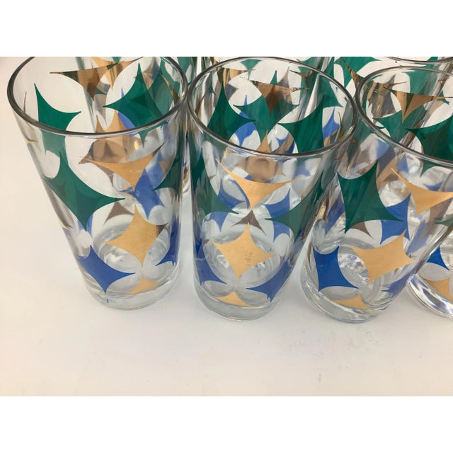 Vintage Highball Glasses With Blue, Green, and Gold Diamonds - Set of 8 With Caddy For Sale In Raleigh - Image 6 of 10