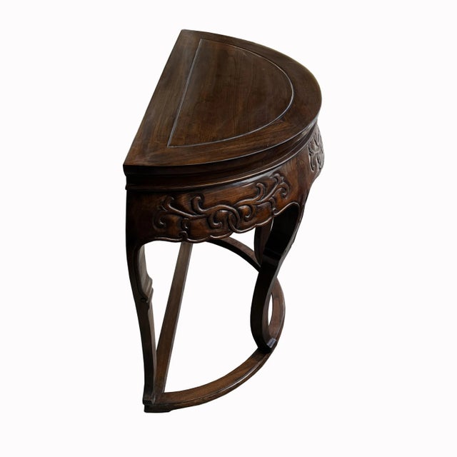 Chinese Vintage Chinese Brown Flower Carving Wood Half Round Pedestal Table For Sale - Image 3 of 6