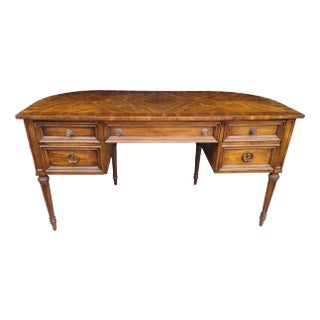 Fine Neoclassical Parquet Walnut 1950s Demilune Desk For Sale