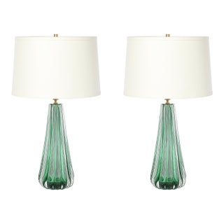 Modernist Hand-Blown Fluted Translucent Sea Green Hue Murano Glass Table Lamps For Sale