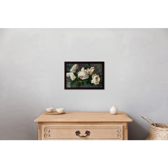 Contemporary Roses III by Jon Doran | Oil on Panel Open White Roses on Grey Still Life For Sale - Image 9 of 9
