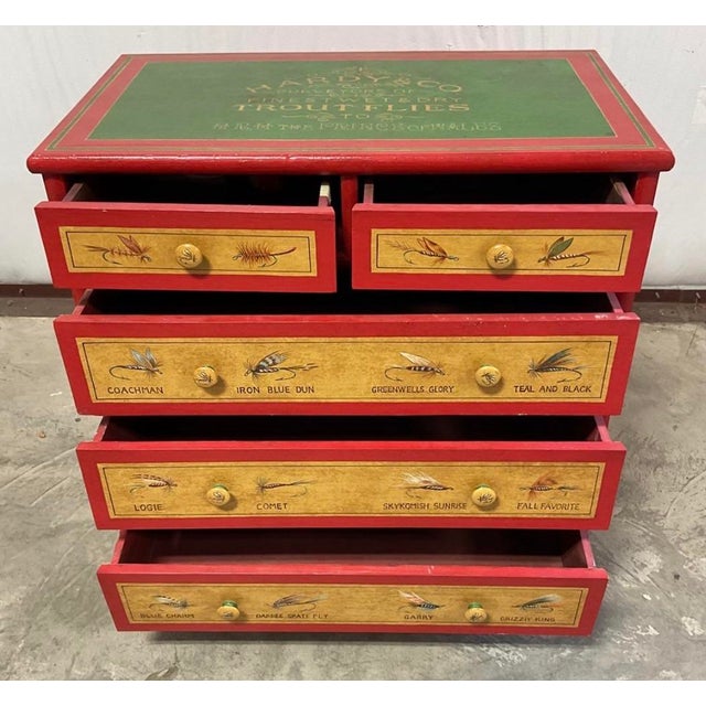 Vintage "Hardy & Co Trout Flies” Fishing Tackle Themed 5-Drawer Accent Chest For Sale - Image 4 of 11