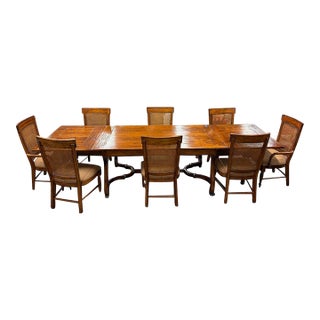 Acquisitions by Henredon 9-Piece Dining Set, Trestle Extension Table and 8 Cane Back Chairs For Sale