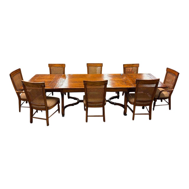 Acquisitions by Henredon 9-Piece Dining Set, Trestle Extension Table and 8 Cane Back Chairs For Sale
