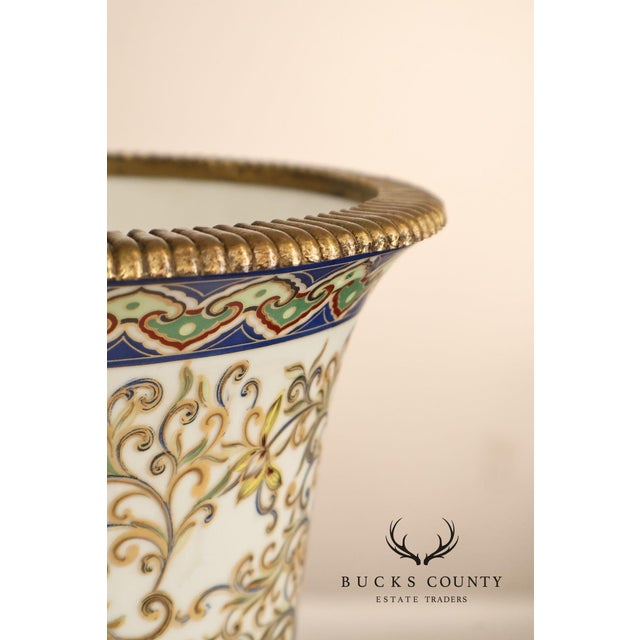 Hand Painted Porcelain Decorative Vase with Gilded Metal Base and Cap For Sale - Image 17 of 17