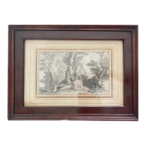 Whimsical French Lithograph – Man & Woman Hunting, Walnut Frame