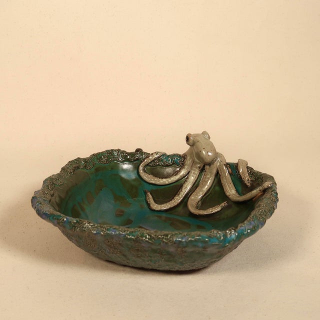 Contemporary Signed Sculptural Studio Pottery Hand-Formed Octopus Ceramic Bowl Ocean-Inspired Dish With Teal Blue Textured Glaze For Sale - Image 3 of 12