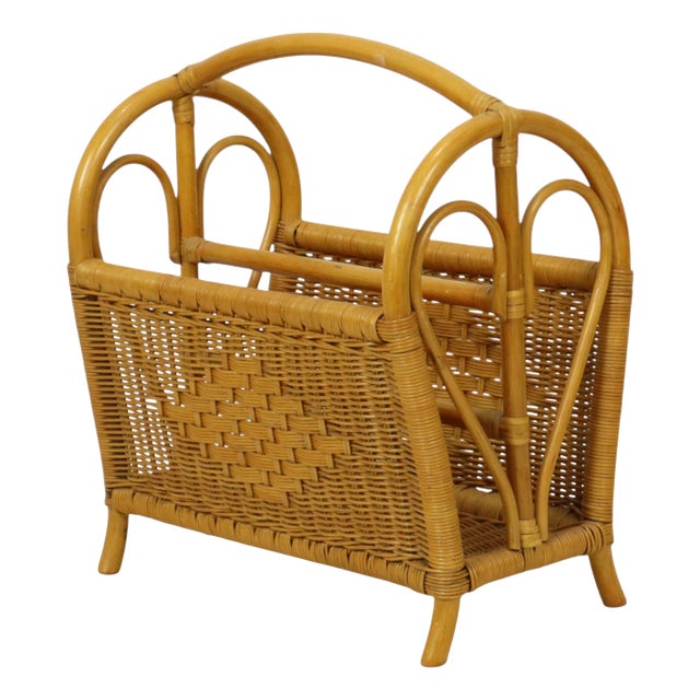 Vintage Boho Bamboo and Rattan Magazine Rack, 1980s For Sale