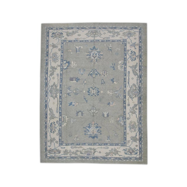 Blue Early 21st Century Gray & Blue Floral Design Handwoven Wool Turkish Oushak Rug 9'1" X 12' For Sale - Image 8 of 8