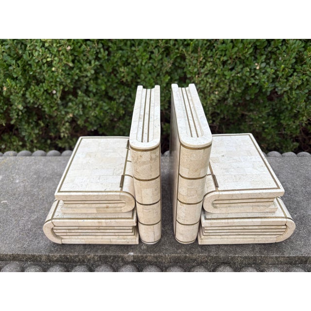 Art Deco Pair of Maitland Smith Tessellated Travertine and Brass Bookends For Sale - Image 3 of 9