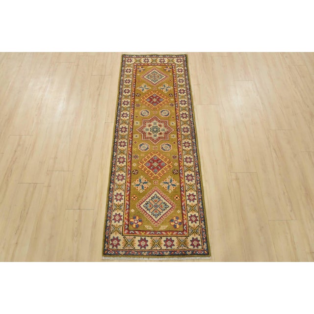 Farmhouse Kazak Runner 2’1” X 5’10” Green Wool Tribal Hand-Knotted Oriental Rug For Sale - Image 3 of 12