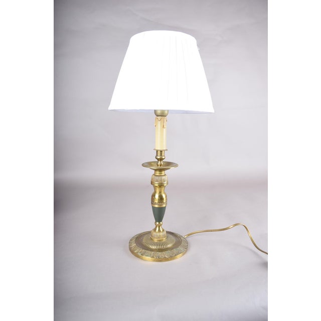 Vintage Brass Candlestick Table Lamp with Green Accent, 1950s For Sale - Image 3 of 14