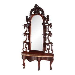 Antique Rococo Revival Carved Walnut Rouge Marble Top Pier Mirror C1890 For Sale