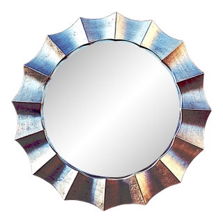Large Contemporary Scalloped Silvertoned Round Wall Mirror For Sale