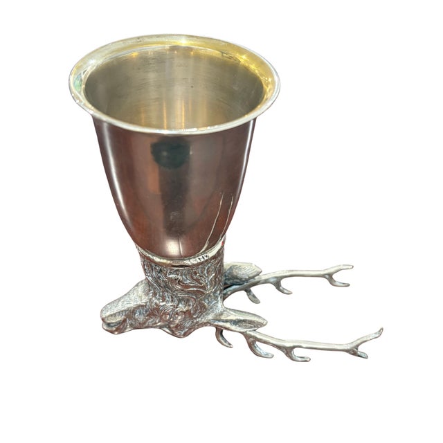 Vintage Gucci figural stirrup cup featuring a beautifully modeled stag head with dramatic branching antlers. The...