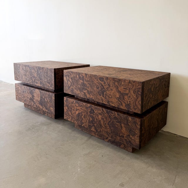 Wood Pair of Vintage Mid Century Modern Burlwood Nightstands 1970s For Sale - Image 7 of 10