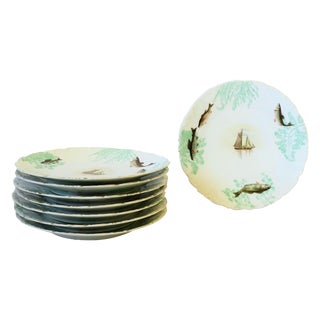 French Limoges Rustic Dinner Plates Fish and Boat Design, Circa Early 20th C For Sale